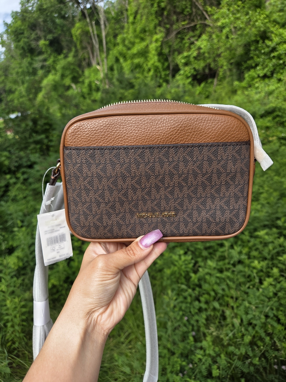 Michael Kors Brown Logo Camera Belt Bag with Tan Trim